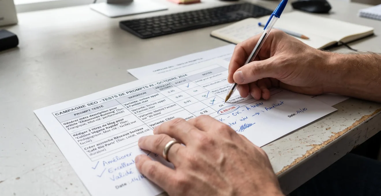 Des mains annotent un tableau imprimé listant des prompts de test et leurs résultats, sur un bureau.