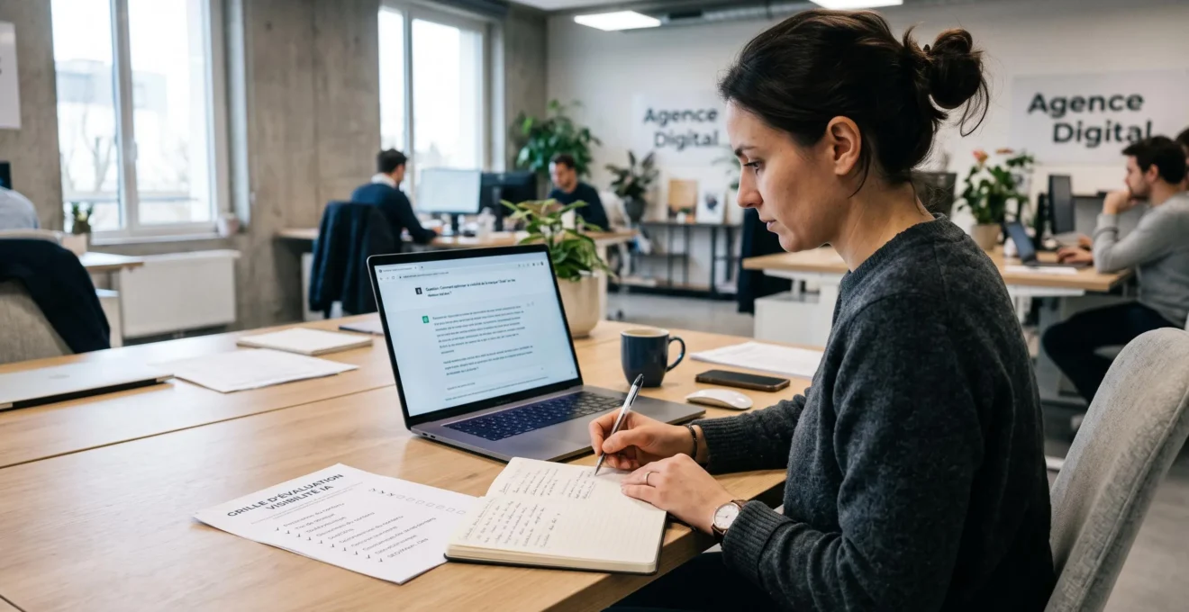 Une consultante teste la visibilité d'une marque en interrogeant un assistant IA sur son ordinateur portable dans un bureau.