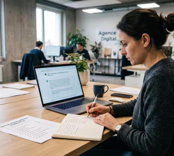 Une consultante teste la visibilité d'une marque en interrogeant un assistant IA sur son ordinateur portable dans un bureau.